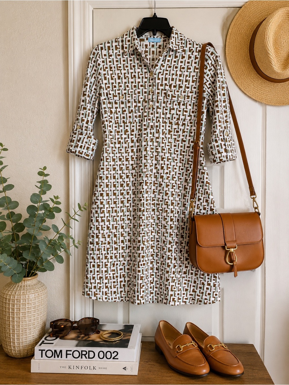 Button-Front Geometric Midi Dress in White and Brown